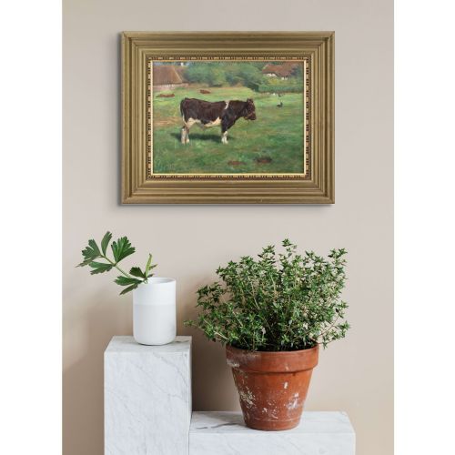 MICHAEL THERKILDSEN LANDSCAPE WITH BULL THATCHED BUILDINGS ANTIQUE OIL PAINTING - ADDITIONAL PHOTO 3