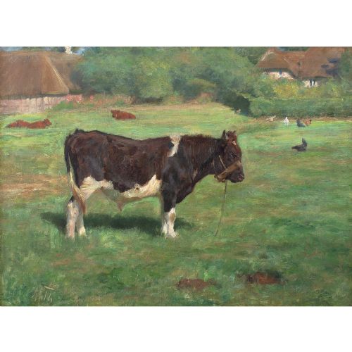 MICHAEL THERKILDSEN LANDSCAPE WITH BULL THATCHED BUILDINGS ANTIQUE OIL PAINTING - ADDITIONAL PHOTO 4