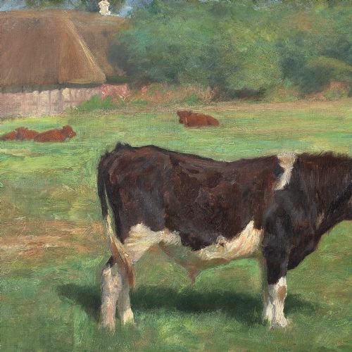 MICHAEL THERKILDSEN LANDSCAPE WITH BULL THATCHED BUILDINGS ANTIQUE OIL PAINTING - ADDITIONAL PHOTO 6