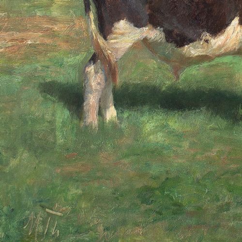 MICHAEL THERKILDSEN LANDSCAPE WITH BULL THATCHED BUILDINGS ANTIQUE OIL PAINTING - ADDITIONAL PHOTO 7