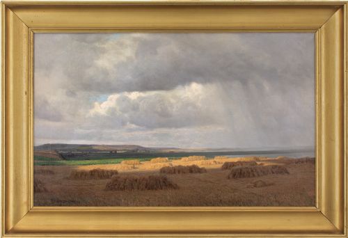alfred broge coastal landscape with rain antique oil painting - CATEGORY: ANTIQUE ART - DATED 1900