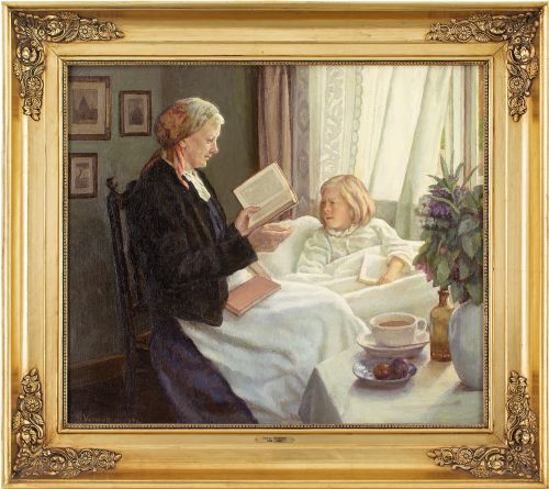 sophus vermehren her favourite story oil painting - CATEGORY: ANTIQUE ART - DATED 1940