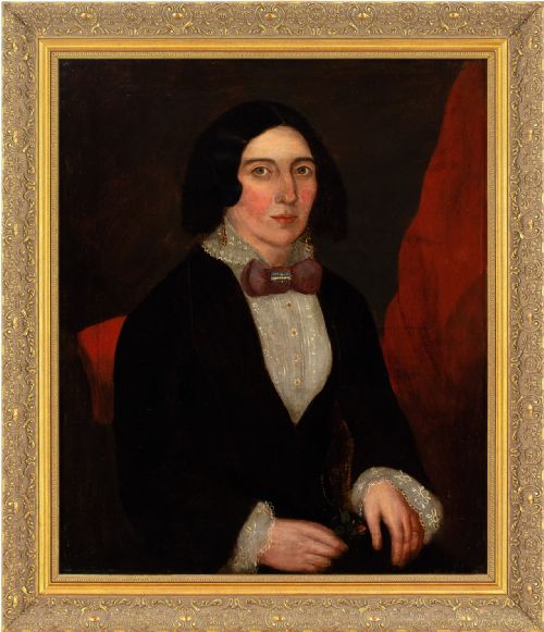 19thcentury american folk art portrait of a lady holding a posy antique oil painting - CATEGORY: ANTIQUE ART - DATED 1850