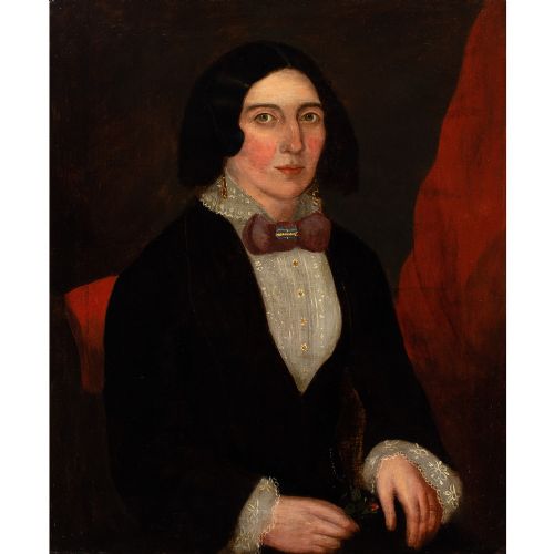 19THCENTURY AMERICAN FOLK ART PORTRAIT OF A LADY HOLDING A POSY ANTIQUE OIL PAINTING - ADDITIONAL PHOTO 1
