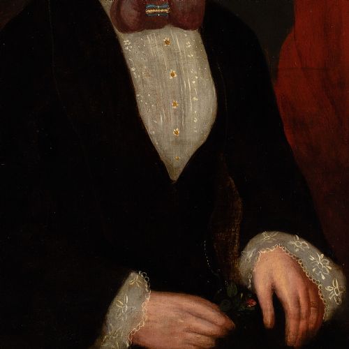 19THCENTURY AMERICAN FOLK ART PORTRAIT OF A LADY HOLDING A POSY ANTIQUE OIL PAINTING - ADDITIONAL PHOTO 3