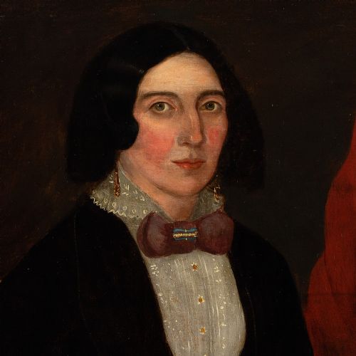 19THCENTURY AMERICAN FOLK ART PORTRAIT OF A LADY HOLDING A POSY ANTIQUE OIL PAINTING - ADDITIONAL PHOTO 4