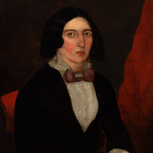 19THCENTURY AMERICAN FOLK ART PORTRAIT OF A LADY HOLDING A POSY ANTIQUE OIL PAINTING - ADDITIONAL PHOTO 6