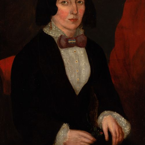 19THCENTURY AMERICAN FOLK ART PORTRAIT OF A LADY HOLDING A POSY ANTIQUE OIL PAINTING - ADDITIONAL PHOTO 7