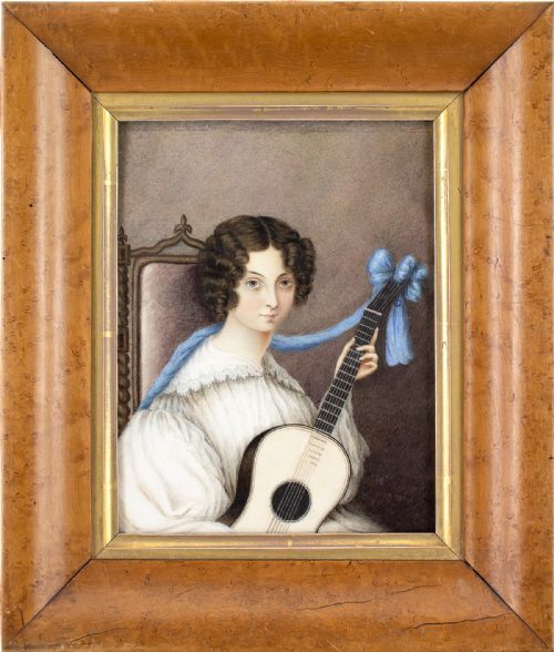 early 19thcentury english school portrait of a young lady with a guitar antique gouache - CATEGORY: ANTIQUE ART - DATED 19TH CENTURY
