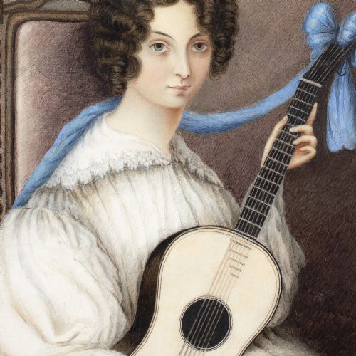 EARLY 19THCENTURY ENGLISH SCHOOL PORTRAIT OF A YOUNG LADY WITH A GUITAR ANTIQUE GOUACHE - ADDITIONAL PHOTO 2