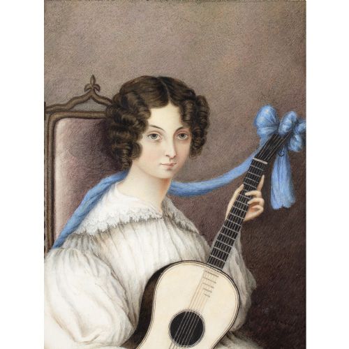 EARLY 19THCENTURY ENGLISH SCHOOL PORTRAIT OF A YOUNG LADY WITH A GUITAR ANTIQUE GOUACHE - ADDITIONAL PHOTO 3