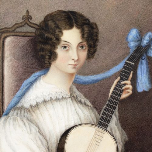 EARLY 19THCENTURY ENGLISH SCHOOL PORTRAIT OF A YOUNG LADY WITH A GUITAR ANTIQUE GOUACHE - ADDITIONAL PHOTO 5