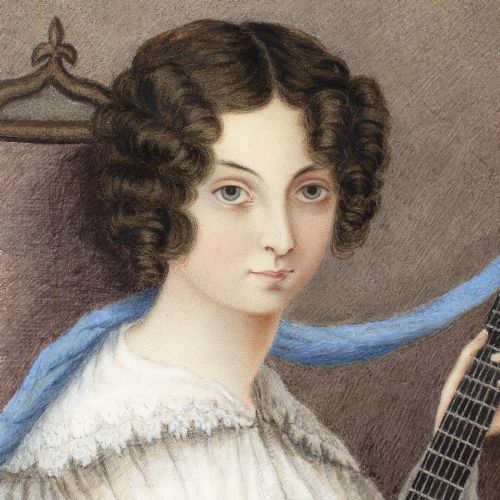 EARLY 19THCENTURY ENGLISH SCHOOL PORTRAIT OF A YOUNG LADY WITH A GUITAR ANTIQUE GOUACHE - ADDITIONAL PHOTO 6
