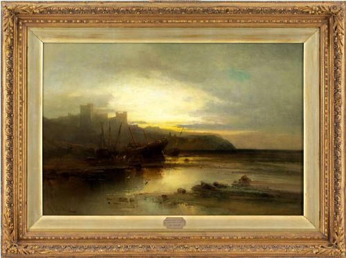heinrich max krause bamburgh castle northumberland antique oil painting - CATEGORY: ANTIQUE ART - DATED 1890