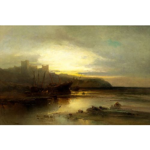 HEINRICH MAX KRAUSE BAMBURGH CASTLE NORTHUMBERLAND ANTIQUE OIL PAINTING - ADDITIONAL PHOTO 1