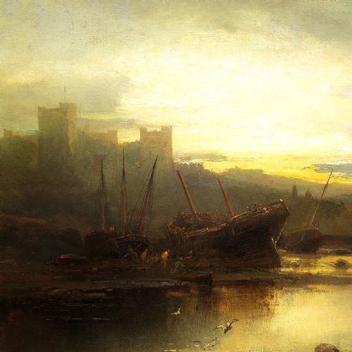 HEINRICH MAX KRAUSE BAMBURGH CASTLE NORTHUMBERLAND ANTIQUE OIL PAINTING - ADDITIONAL PHOTO 3