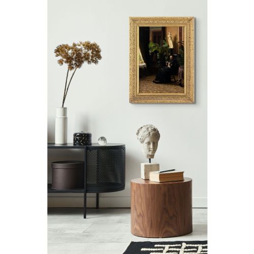 PIETRO KROHN ATTRIBUTED INTERIOR WITH WOMAN KNITTING ANTIQUE OIL PAINTING - ADDITIONAL PHOTO 1