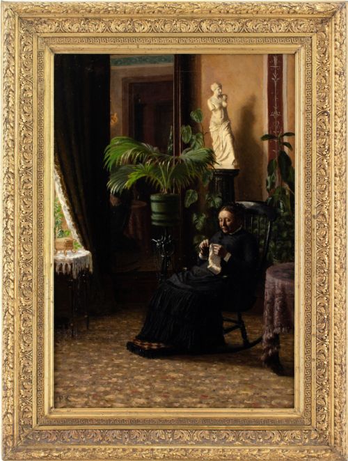 pietro krohn attributed interior with woman knitting antique oil painting - CATEGORY: ANTIQUE ART - DATED 1870