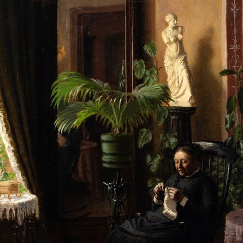 PIETRO KROHN ATTRIBUTED INTERIOR WITH WOMAN KNITTING ANTIQUE OIL PAINTING - ADDITIONAL PHOTO 2