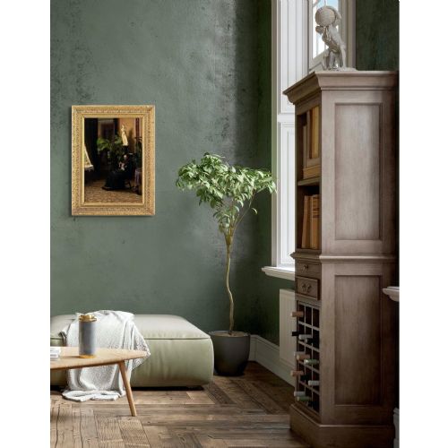 PIETRO KROHN ATTRIBUTED INTERIOR WITH WOMAN KNITTING ANTIQUE OIL PAINTING - ADDITIONAL PHOTO 3