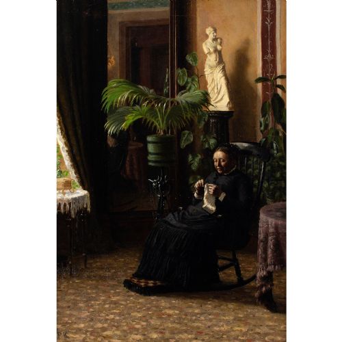 PIETRO KROHN ATTRIBUTED INTERIOR WITH WOMAN KNITTING ANTIQUE OIL PAINTING - ADDITIONAL PHOTO 4