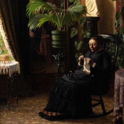 PIETRO KROHN ATTRIBUTED INTERIOR WITH WOMAN KNITTING ANTIQUE OIL PAINTING - ADDITIONAL PHOTO 5