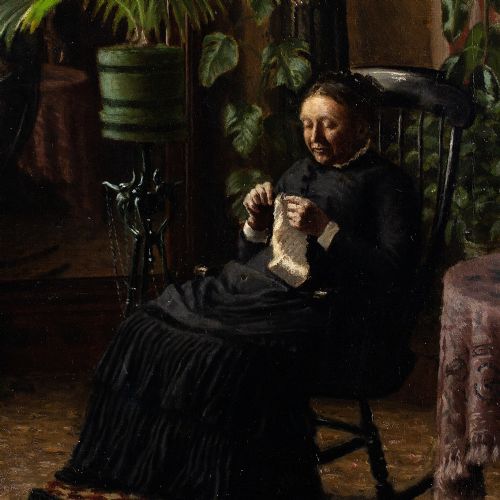 PIETRO KROHN ATTRIBUTED INTERIOR WITH WOMAN KNITTING ANTIQUE OIL PAINTING - ADDITIONAL PHOTO 6