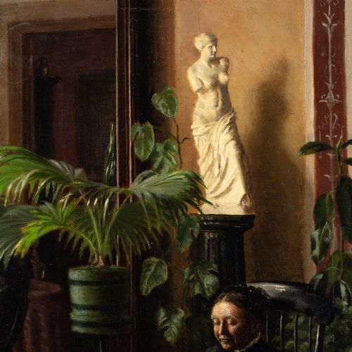 PIETRO KROHN ATTRIBUTED INTERIOR WITH WOMAN KNITTING ANTIQUE OIL PAINTING - ADDITIONAL PHOTO 7