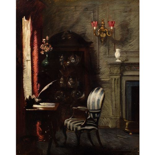 ALBERT CHEVALLIER TAYLER THE STUDY ANTIQUE OIL PAINTING - ADDITIONAL PHOTO 5