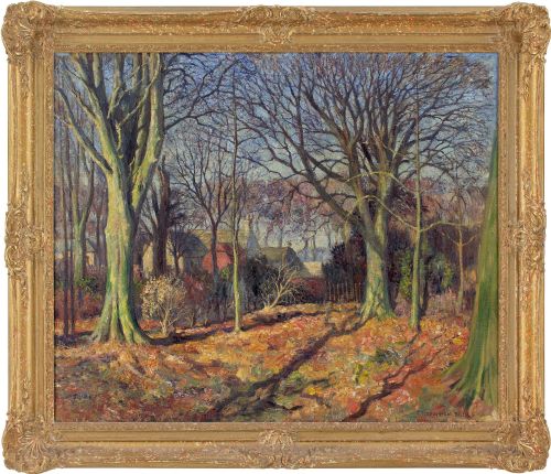 james torrington bell autumnal landscape with dwellings antique oil painting - CATEGORY: ANTIQUE ART - DATED 1940
