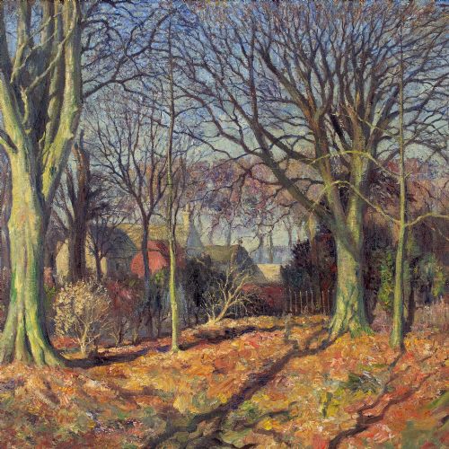 JAMES TORRINGTON BELL AUTUMNAL LANDSCAPE WITH DWELLINGS ANTIQUE OIL PAINTING - ADDITIONAL PHOTO 2