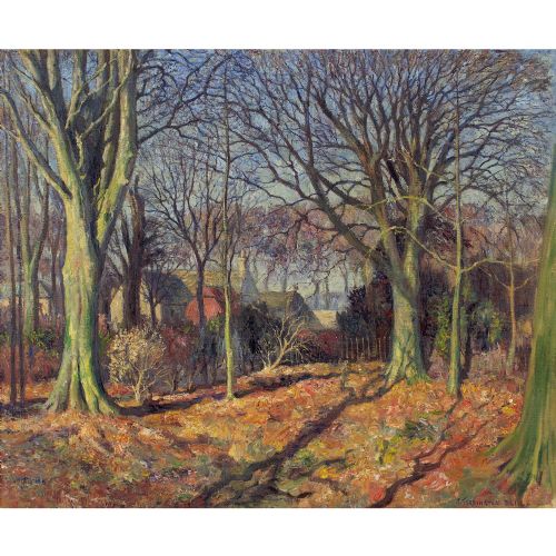 JAMES TORRINGTON BELL AUTUMNAL LANDSCAPE WITH DWELLINGS ANTIQUE OIL PAINTING - ADDITIONAL PHOTO 3