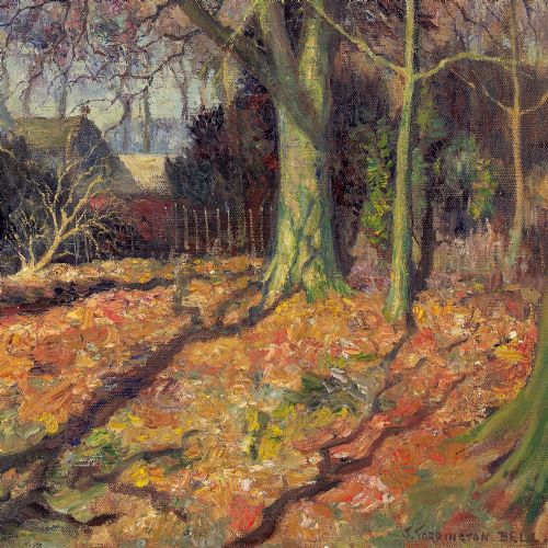 JAMES TORRINGTON BELL AUTUMNAL LANDSCAPE WITH DWELLINGS ANTIQUE OIL PAINTING - ADDITIONAL PHOTO 7