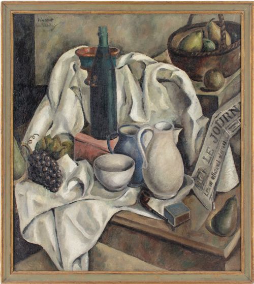 vincent le vaudois still life with jugs bottle fruit newspaper oil painting - CATEGORY: ANTIQUE ART - DATED 1930