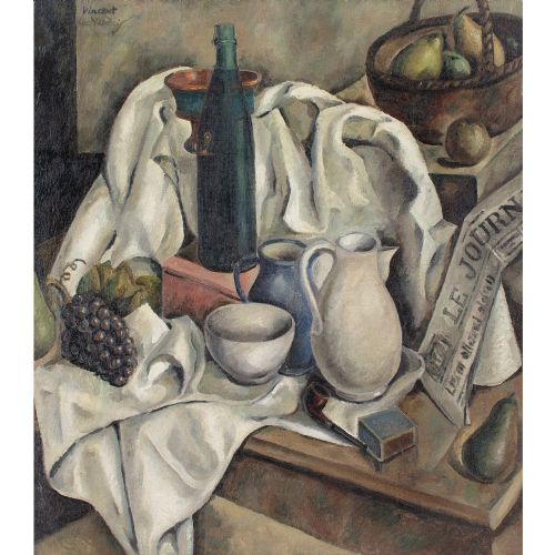 VINCENT LE VAUDOIS STILL LIFE WITH JUGS BOTTLE FRUIT NEWSPAPER OIL PAINTING - ADDITIONAL PHOTO 1