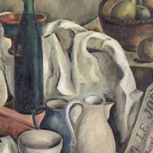 VINCENT LE VAUDOIS STILL LIFE WITH JUGS BOTTLE FRUIT NEWSPAPER OIL PAINTING - ADDITIONAL PHOTO 3