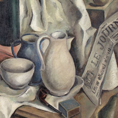 VINCENT LE VAUDOIS STILL LIFE WITH JUGS BOTTLE FRUIT NEWSPAPER OIL PAINTING - ADDITIONAL PHOTO 5