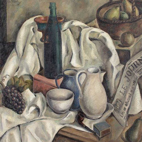 VINCENT LE VAUDOIS STILL LIFE WITH JUGS BOTTLE FRUIT NEWSPAPER OIL PAINTING - ADDITIONAL PHOTO 6