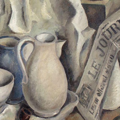 VINCENT LE VAUDOIS STILL LIFE WITH JUGS BOTTLE FRUIT NEWSPAPER OIL PAINTING - ADDITIONAL PHOTO 7