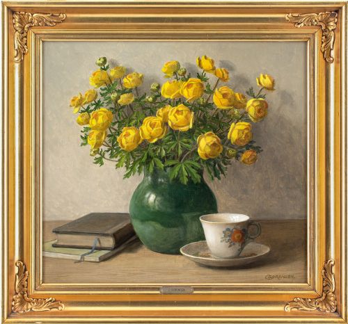 c srensen still life with trollius tea cup books oil painting - CATEGORY: ANTIQUE ART - DATED 1930