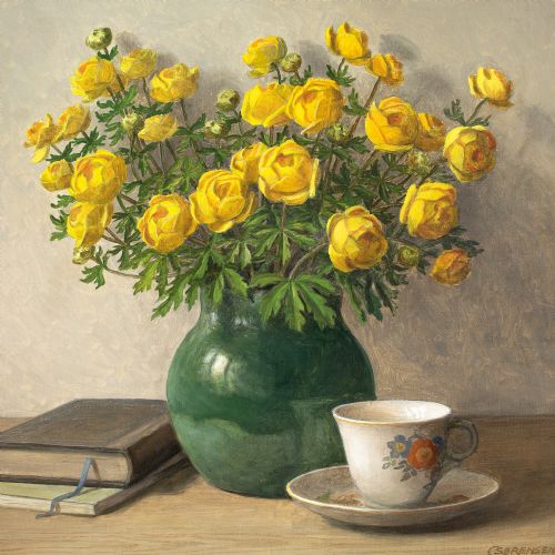 C SRENSEN STILL LIFE WITH TROLLIUS TEA CUP BOOKS OIL PAINTING - ADDITIONAL PHOTO 2