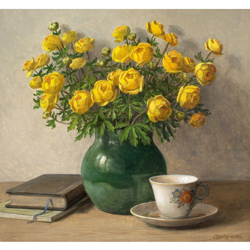 C SRENSEN STILL LIFE WITH TROLLIUS TEA CUP BOOKS OIL PAINTING - ADDITIONAL PHOTO 3