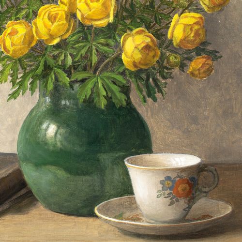 C SRENSEN STILL LIFE WITH TROLLIUS TEA CUP BOOKS OIL PAINTING - ADDITIONAL PHOTO 5
