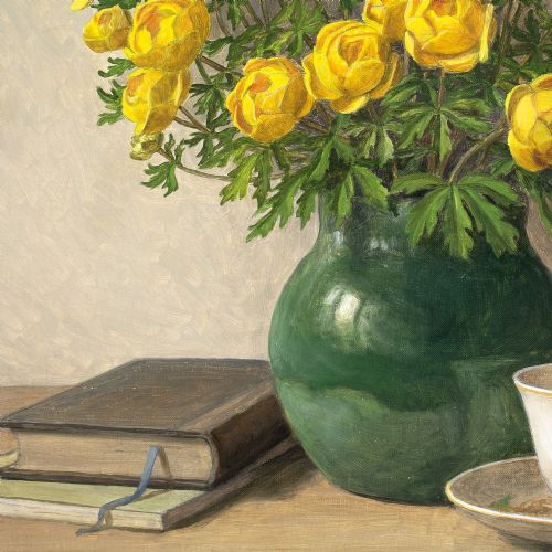 C SRENSEN STILL LIFE WITH TROLLIUS TEA CUP BOOKS OIL PAINTING - ADDITIONAL PHOTO 6