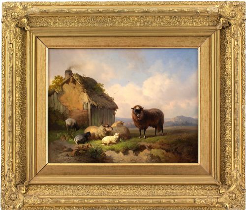 louis robbe landscape with barn sheep goats antique oil painting - CATEGORY: ANTIQUE ART - DATED 1870