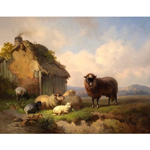 LOUIS ROBBE LANDSCAPE WITH BARN SHEEP GOATS ANTIQUE OIL PAINTING - ADDITIONAL PHOTO 2