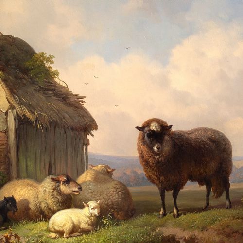 LOUIS ROBBE LANDSCAPE WITH BARN SHEEP GOATS ANTIQUE OIL PAINTING - ADDITIONAL PHOTO 4