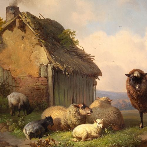 LOUIS ROBBE LANDSCAPE WITH BARN SHEEP GOATS ANTIQUE OIL PAINTING - ADDITIONAL PHOTO 5