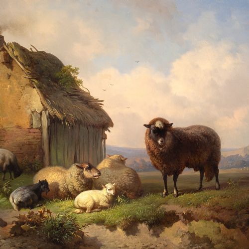 LOUIS ROBBE LANDSCAPE WITH BARN SHEEP GOATS ANTIQUE OIL PAINTING - ADDITIONAL PHOTO 6
