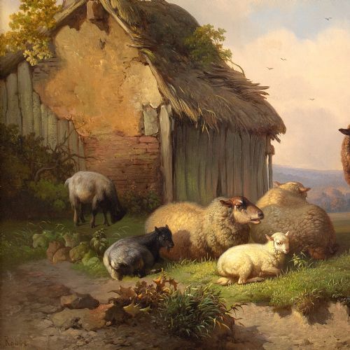 LOUIS ROBBE LANDSCAPE WITH BARN SHEEP GOATS ANTIQUE OIL PAINTING - ADDITIONAL PHOTO 7
